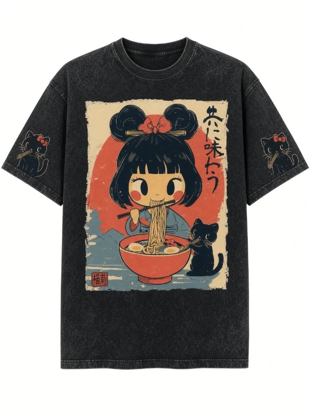Kawaii Ramen Girl Cat Acid Wash Black Graphic Tee